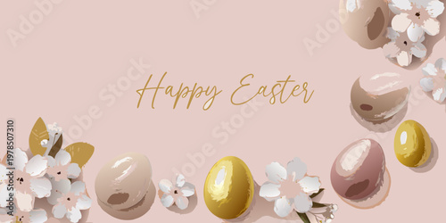 Happy easter greeting with floral elements and decorated eggs