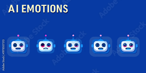 A series of blue robot faces displaying a range of emotions