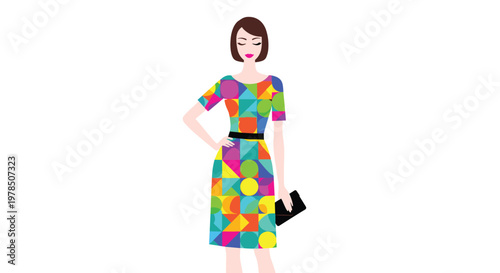 A stylish woman with short brown hair holds a black clutch while wearing a colorful geometric print dress against a bright and clean white studio background.