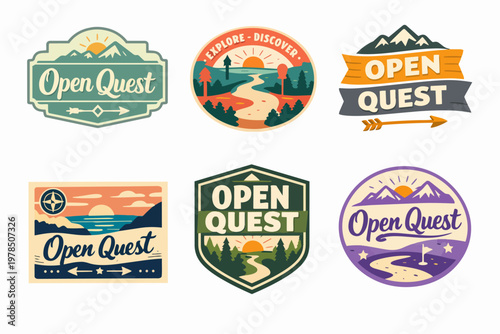 Open quest collection displaying various retro style logos for outdoor adventure, hiking, camping, and discovery themes