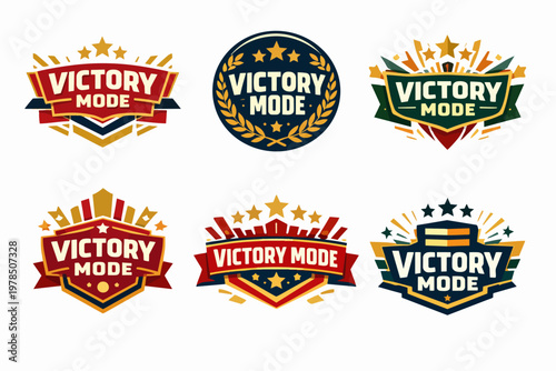 Gaming victory mode logos set with badges, shields, ribbons, and stars celebrating achievement and competition success
