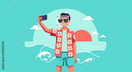 Cartoon man taking selfie on the beach with sunglasses and Hawaiian shirt showing summer mood and