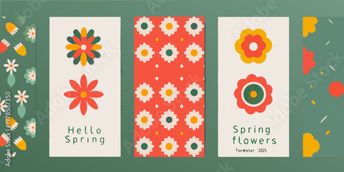 Colorful floral bookmark designs with retro patterns and spring greetings
