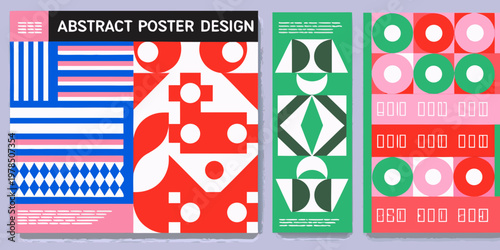 Colorful abstract poster designs featuring geometric shapes and bold patterns