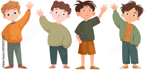 Set of Cartoon Boys Waving Hand Greeting