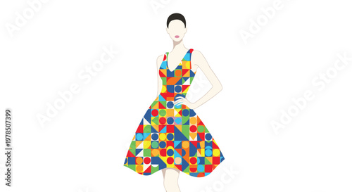 A faceless female mannequin wears a vibrant dress patterned with colorful geometric shapes against a stark white studio backdrop for a fashion presentation.