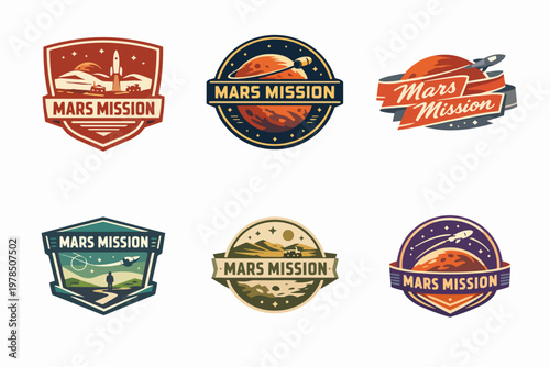 Mars mission badges set showcasing space exploration, red planet, rockets, astronauts, and rovers for future journeys