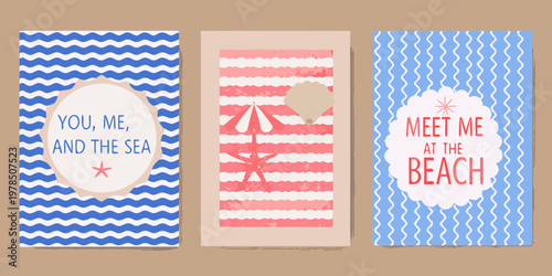 Three rectangular cards with seaside themed illustrations and text