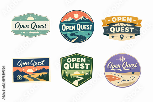 Collection of stylized open quest logos and badges with nature elements, illustrating travel, exploration, and adventure concepts