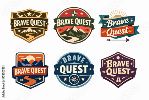 Collection of brave quest vintage style badges with outdoor adventure themes, including mountains, roads, suns, and compasses