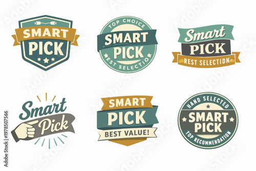 Smart pick labels collection indicating top choice, best selection, value, quality, and recommendations for products