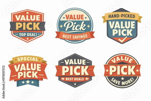Value pick stickers, labels and badges collection promoting best deals, savings, and quality products with retro design