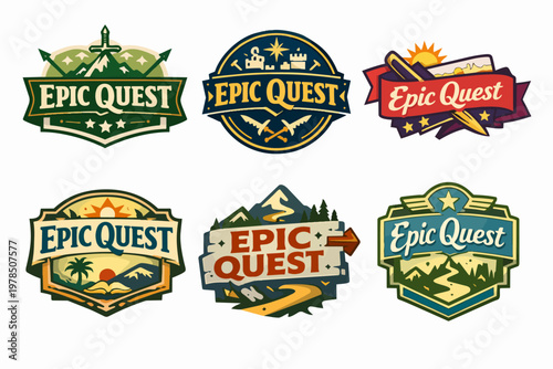 Epic quest badge collection featuring adventure themes, gaming logos, journey symbols, and exploration emblems