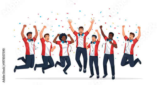 Celebrating victory: Energetic esports team rejoicing under a confetti shower expressing joy and