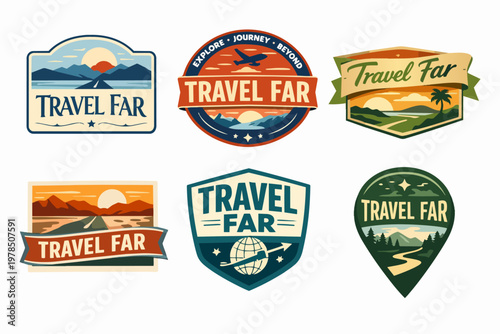 Travel far exploration and adventure badges set showcasing outdoor destination stamps with landscapes and road ahead