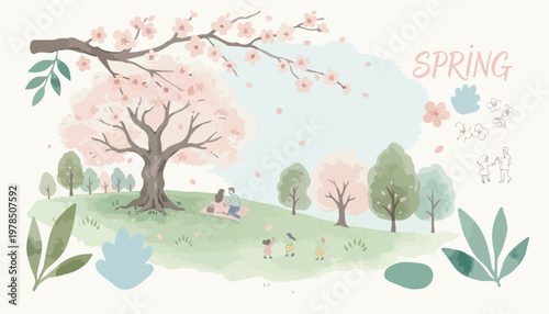 Watercolor spring landscape with cherry blossom tree, family picnic in blooming park, soft pastel nature background with floral elements