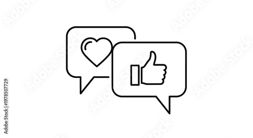 A simple black and white illustration depicting a heart and a thumbs up symbol within speech bubbles