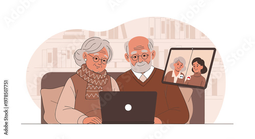Charming illustration portraying elderly couple using technology for family connection remotely