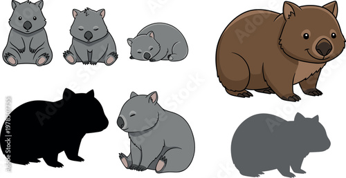 Cute wombat character vector set featuring different poses silhouettes and cartoon styles of Australian wildlife animal isolated on white background