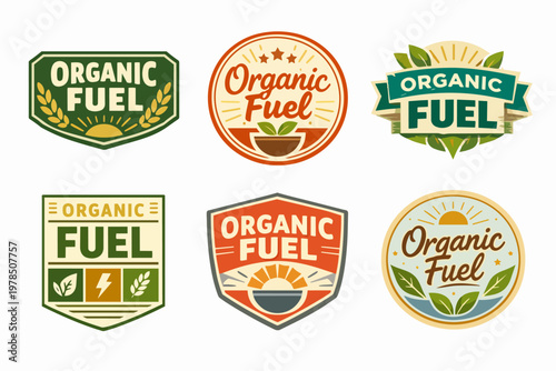 Organic fuel badge collection promoting renewable green energy and bioenergy concepts with eco-friendly design elements