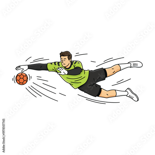 Handball goalkeeper diving to save shot, full stretch action, flat vector