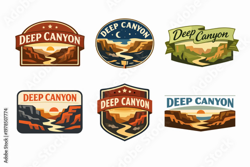 Deep canyon badges representing national park themes, illustrating nature reserve landscapes with rivers, mountains, and sun or moon