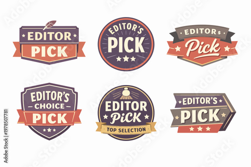 Collection of various editor's pick and editor's choice badges for product quality, premium selection, and top recommendation