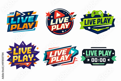 Collection of live play streaming badges displaying vibrant design for gaming, video, and esports content