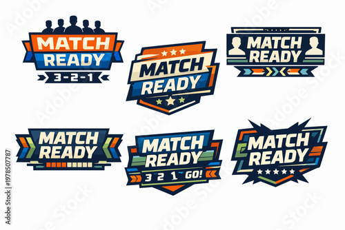 Match ready esport team badges set for gaming competition, online tournament, and digital event countdown graphics