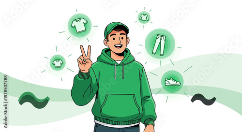 Cheerful cartoon man presenting virtual fashion choices in a modern illustrative design