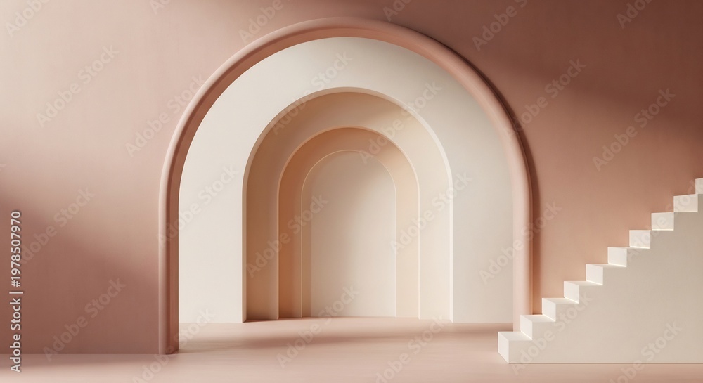 Fototapeta premium Minimalist Archway and Staircase with Soft Light and Shadows.