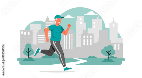 City park jogger illustration representing urban fitness and healthy lifestyle in a serene