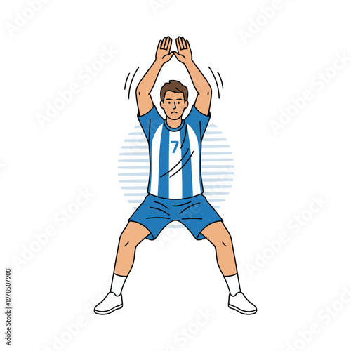 Handball player blocking opponent shot, defensive stance, flat vector, isolated on white 