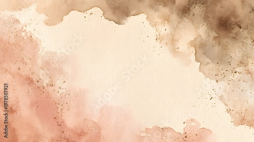 Hand-painted abstract watercolor background in warm neutral earth tones with gold splatters and copy space.