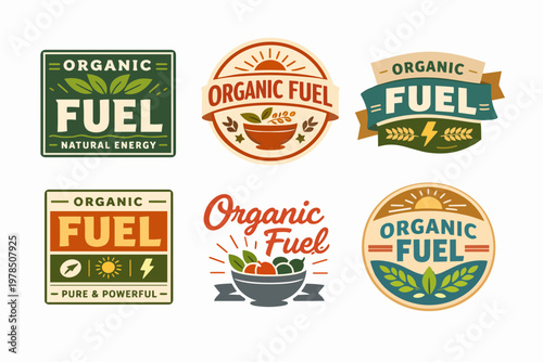 Organic fuel labels set offering natural energy and healthy food concepts, promoting pure powerful nutrition and sustainability