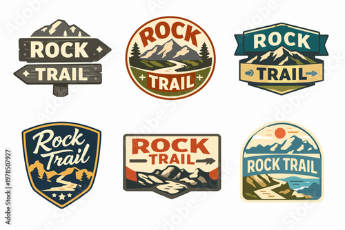 Set of six vintage-style rock trail badges featuring mountains, rivers, and trees, ideal for outdoor clubs and travel