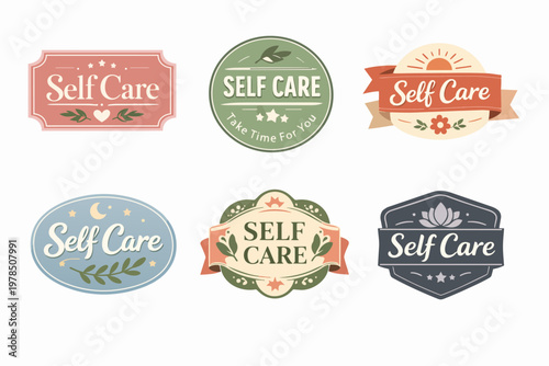 Self care labels collection representing health, wellness, and mindful lifestyle designs for daily routine concepts