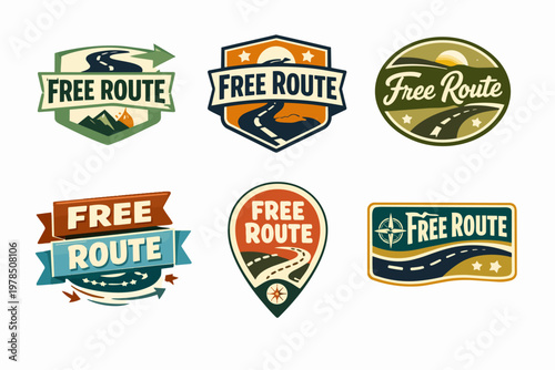 Free route concept badges and travel logos collection exploring adventure, trip planners, and journey designs