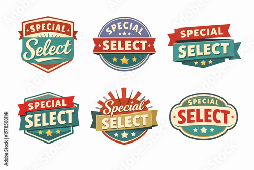 Special select badges collection. Retro styled promotional emblems for discounts, product quality, and limited offers