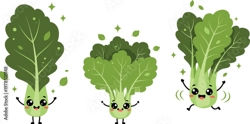 Cute broccoli characters vector illustration set with funny smiling vegetables in cartoon style healthy food concept isolated on white background