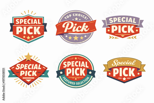 Special pick and top choice badges collection, vintage style labels indicating featured selection and best products