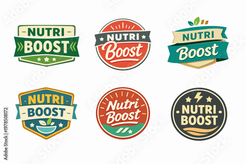 Nutri boost logo designs featuring various badges for nutrition, wellness, and healthy lifestyle brands