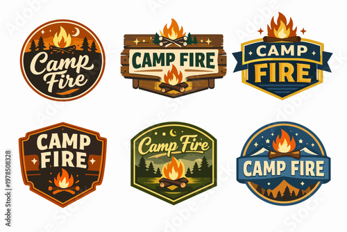 Camp fire logo collection creating a vintage emblem design for outdoor adventure, camping, and wild nature exploration