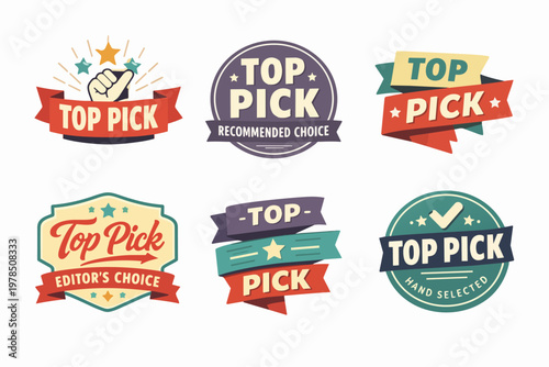 Collection of top pick labels, recommended choice and editor's choice badges for best product selection