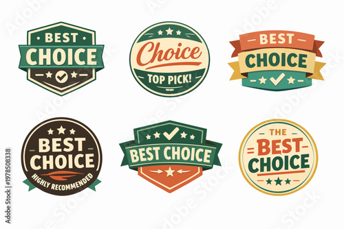 Collection of vintage best choice and top pick badges and labels, promoting quality and recommended products
