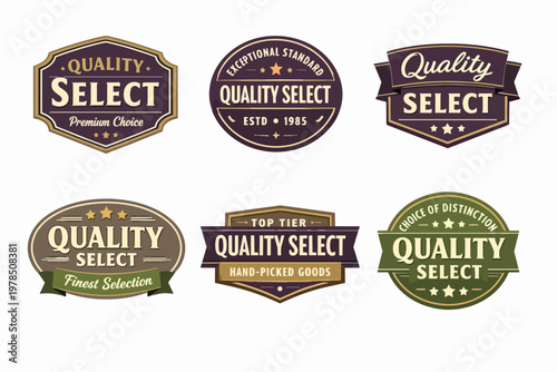 Quality select badges set illustrating premium choice, exceptional standard, top tier goods, and finest selection concepts