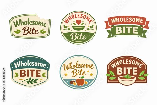 Collection of wholesome bite logos, featuring various designs with leaves, heart, bowl, apple, and acorns, promoting natural food