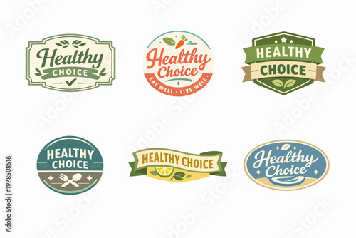 Healthy choice badges and stickers illustrating organic, natural, and gmo-free concepts for food and dietary products