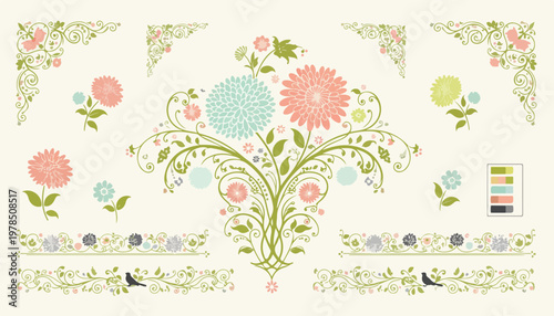 Floral border designs, vintage floral patterns, decorative flower arrangements, seamless border textures