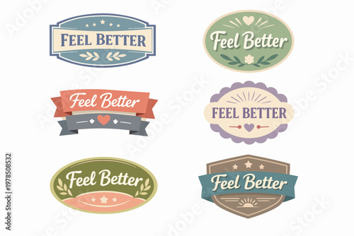 Feel better labels collection offering vintage-inspired designs expressing health, kindness, support, and optimism